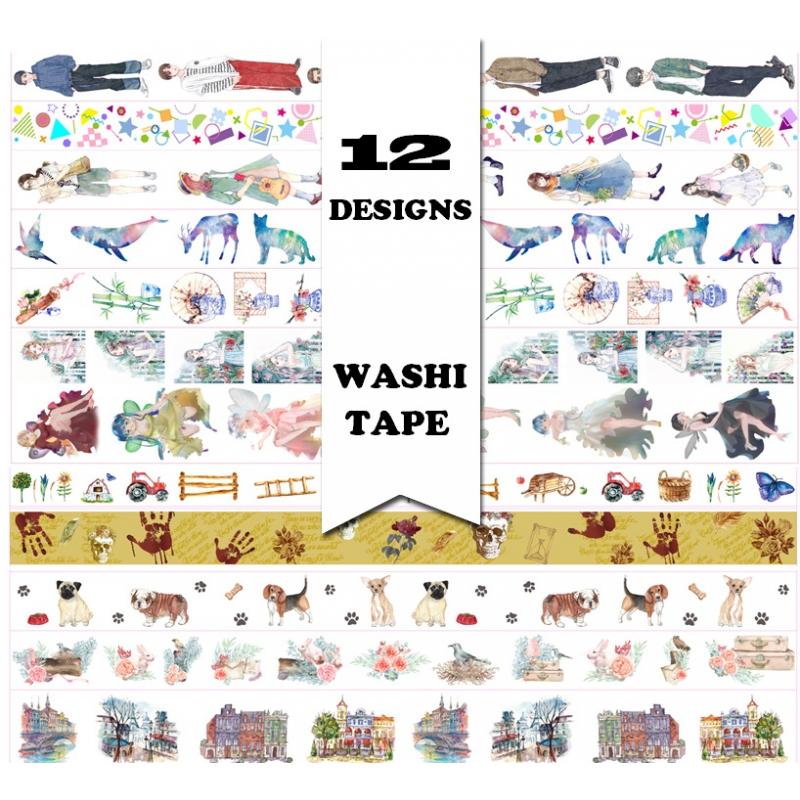 12 Designs NEW! Flowers Girls Boy Bird Dog Skull Pattern Japanese Washi Decorative Adhesive DIY