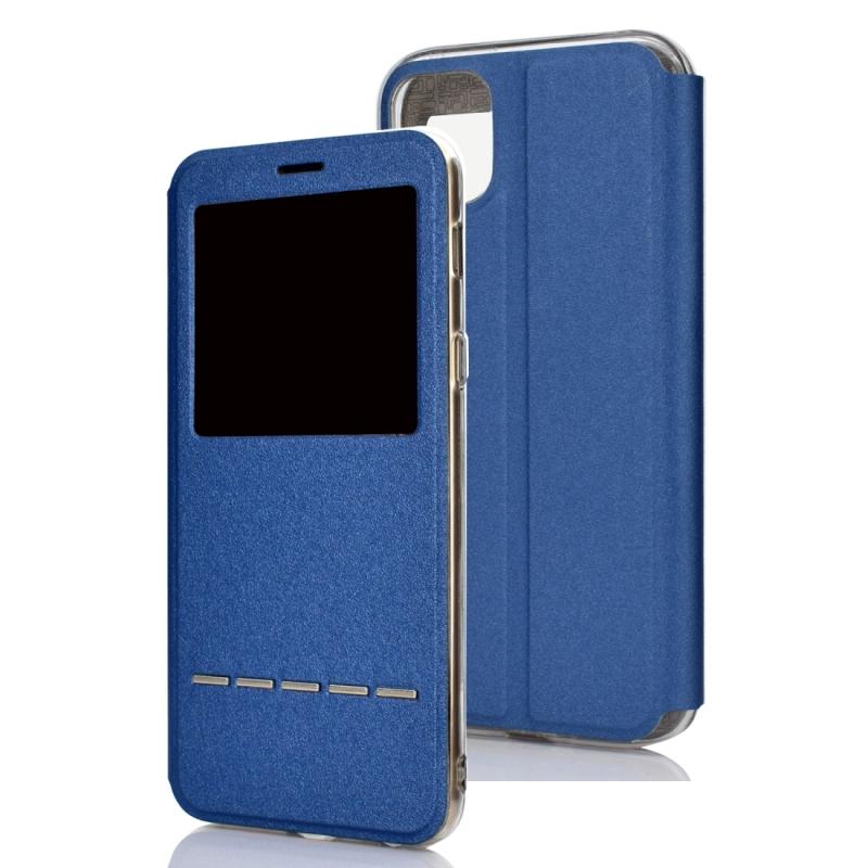 Voor iPhone 11 Pro Max matte textuur horizontale Flip beugel mobiele telefoon holster venster met beller-ID en metalen knop dia te ontgrendelen (blauw