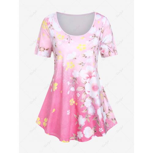Plus Size Peach Blossom Print Ombre Color Tee