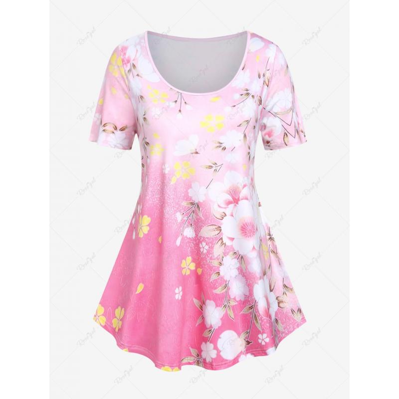 Plus Size Peach Blossom Print Ombre Color Tee