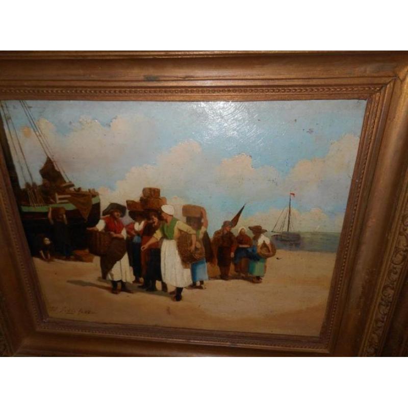Philip Sadeé 1837 - 1904, vissers vrouwen op strand.