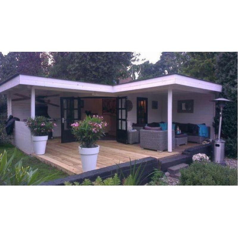 Hoek tuinhuis Modernhoekvarioflex met plat dak en 2 luifels