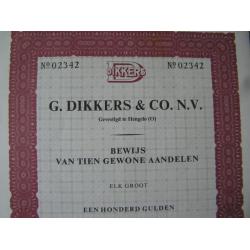 Bewijs van tien gewone aandelen. Dikkers & Co Hengelo (Ov)