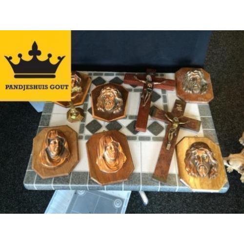 Diverse Koperen Jezus Maria Beeldje Wandbord Kruis bij GOUT