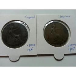 Engeland : 1 Penny Brons 1906 en 1908 Zfr/Pr