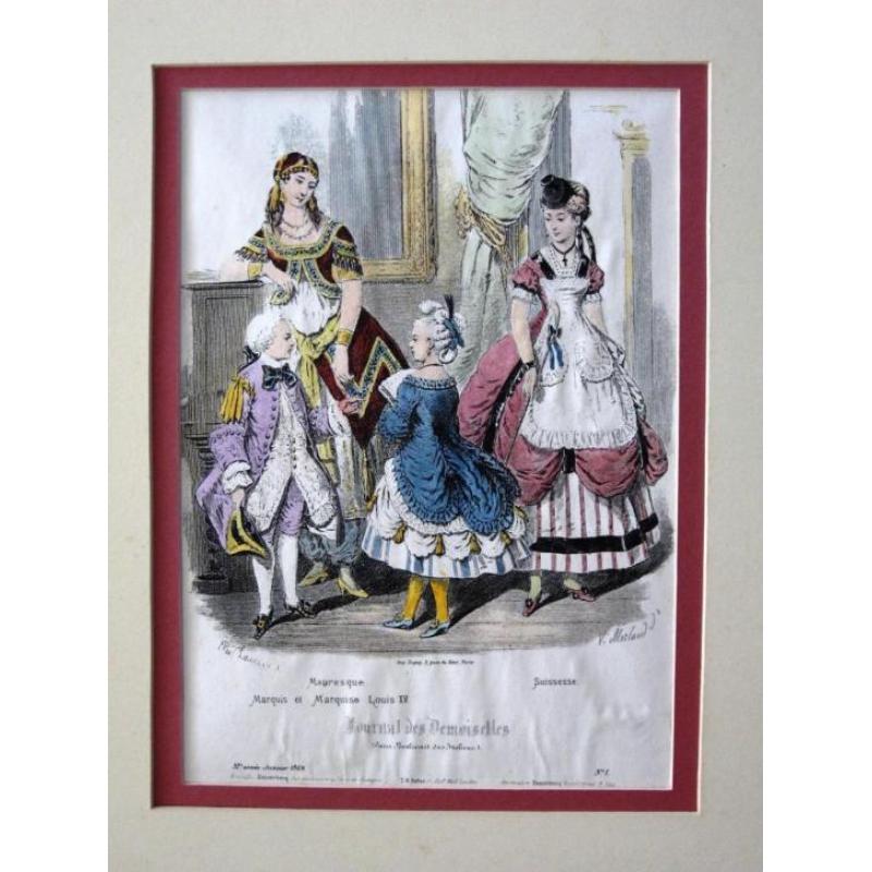 Prent 1869 Journal des Demoiselles handgekleurd Louis XV
