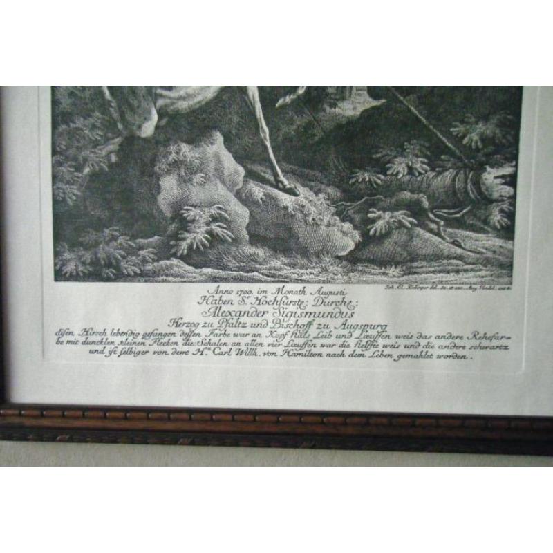 Mooie PRENT/ETS van gevangen hert - Joh. El. Ridinger, 1754