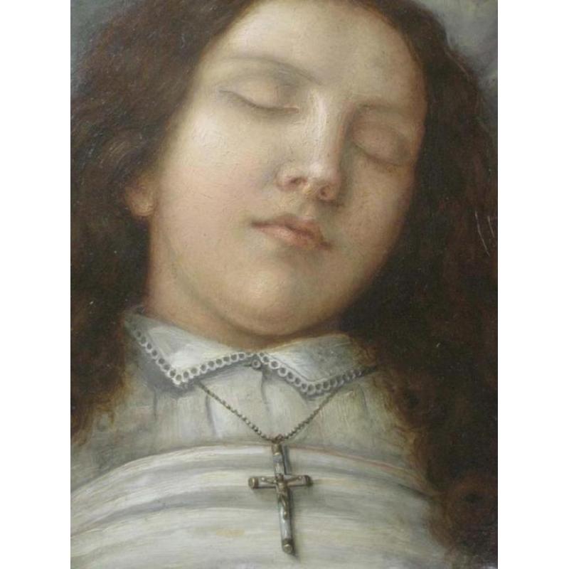 1882: fascinerend mooi doodsportret katholiek meisje. Gesign