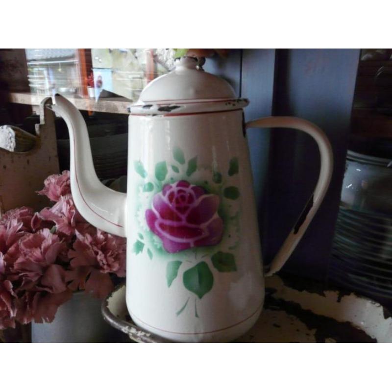 Mooie Emaille KOFFIEPOT / Theepot Roos VIVE la Brocante