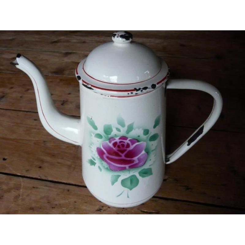 Mooie Emaille KOFFIEPOT / Theepot Roos VIVE la Brocante