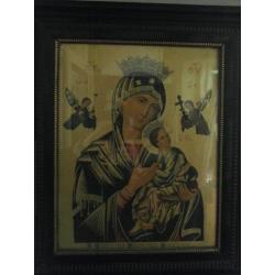 schilderij; Icoon Maria, kindje Jezus met 2 Engelen en tekst