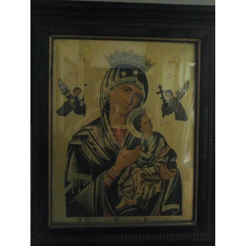 schilderij; Icoon Maria, kindje Jezus met 2 Engelen en tekst
