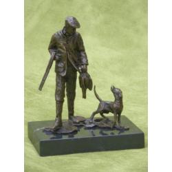 Bronzen beeld Jager met Jachthond en Fazant Jacht Hond gewei