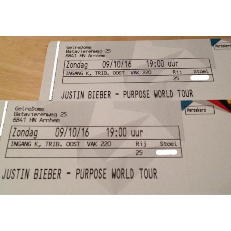 2 Hardcopy kaarten Justin Bieber Zondag 9 oktober