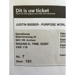 Ticket concert Justin Bieber 8 oktober 2016 GelreDome