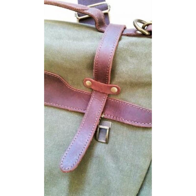 Canvas leer messenger laptop tas, groen, vintage stijl