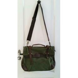 Canvas leer messenger laptop tas, groen, vintage stijl