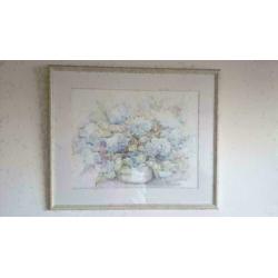 Aquarel van Ellen Kroon. Gesigneerd Hortensia`s maten lijs