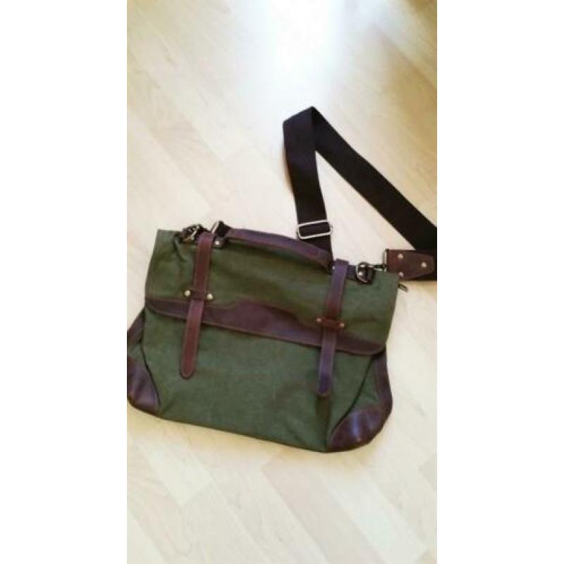 Canvas leer messenger laptop tas, groen, vintage stijl