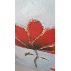 Modern schilderij, 100 x 100 cm, wit/zilver/rood