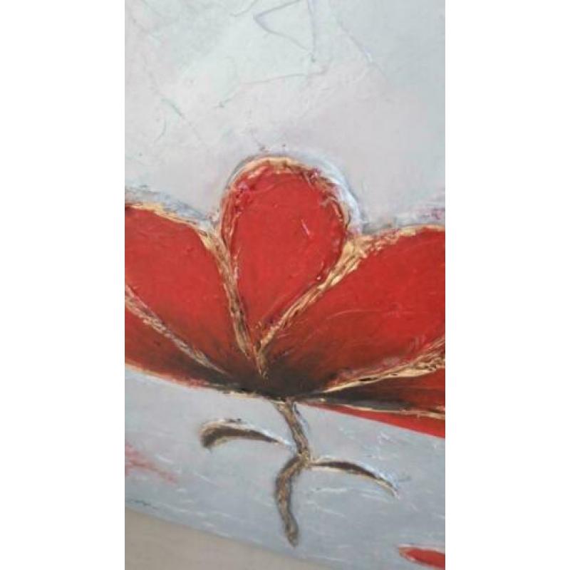 Modern schilderij, 100 x 100 cm, wit/zilver/rood
