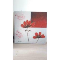 Modern schilderij, 100 x 100 cm, wit/zilver/rood