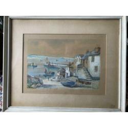 Aquarel van Th. Victor. Haven van Newlyn. Schitterende kleur