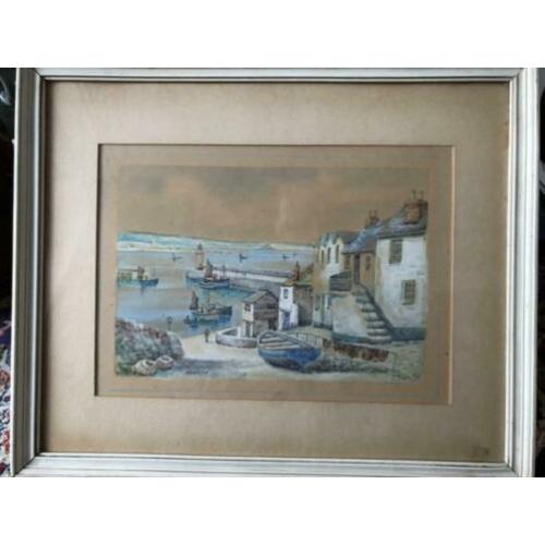 Aquarel van Th. Victor. Haven van Newlyn. Schitterende kleur