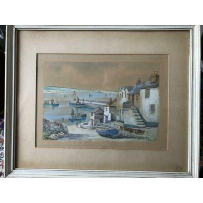 Aquarel van Th. Victor. Haven van Newlyn. Schitterende kleur