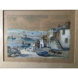 Aquarel van Th. Victor. Haven van Newlyn. Schitterende kleur