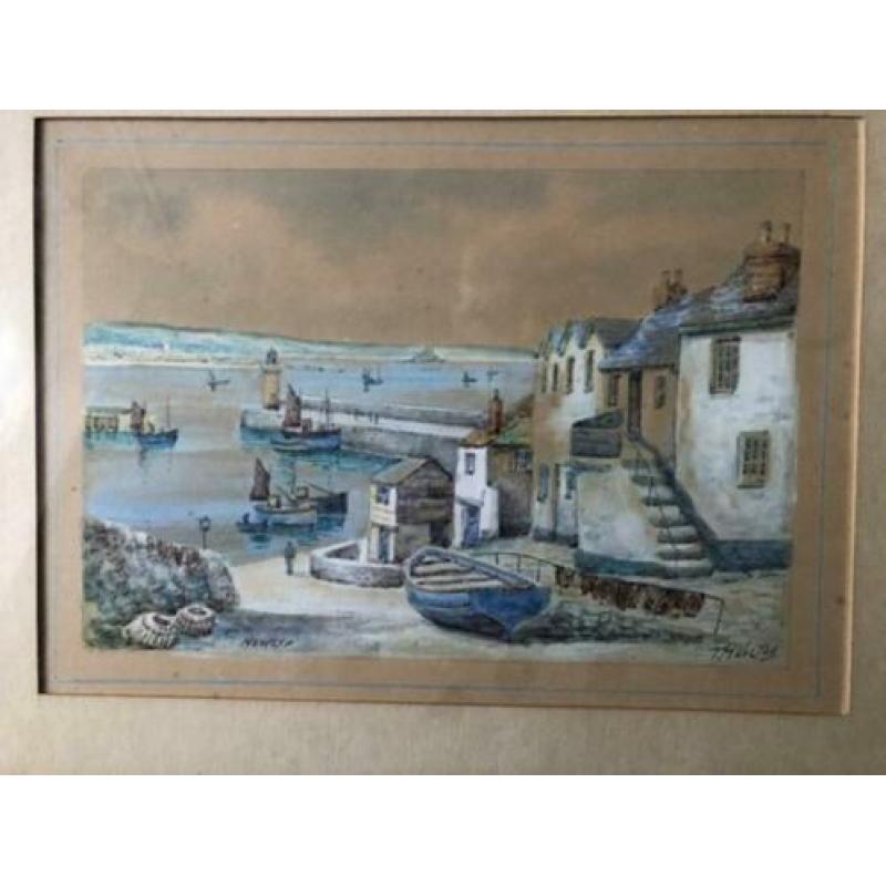 Aquarel van Th. Victor. Haven van Newlyn. Schitterende kleur