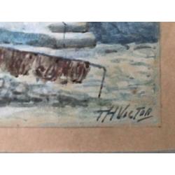 Aquarel van Th. Victor. Haven van Newlyn. Schitterende kleur