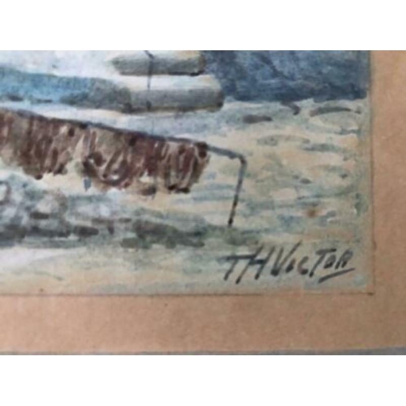 Aquarel van Th. Victor. Haven van Newlyn. Schitterende kleur