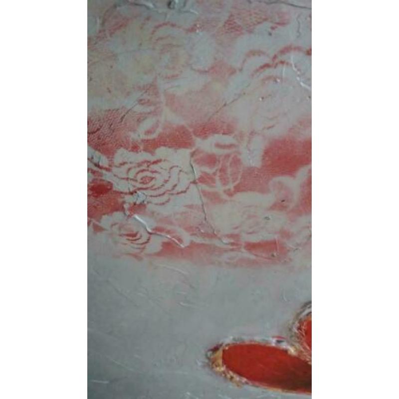 Modern schilderij, 100 x 100 cm, wit/zilver/rood
