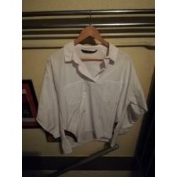 Witte blouse met kraag, zwart rode splitten, Zara Basic, XL