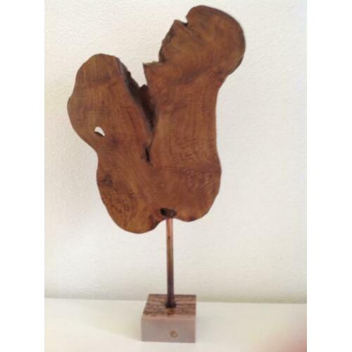 Boomstam schijf op marmeren voet marmer design teak hout