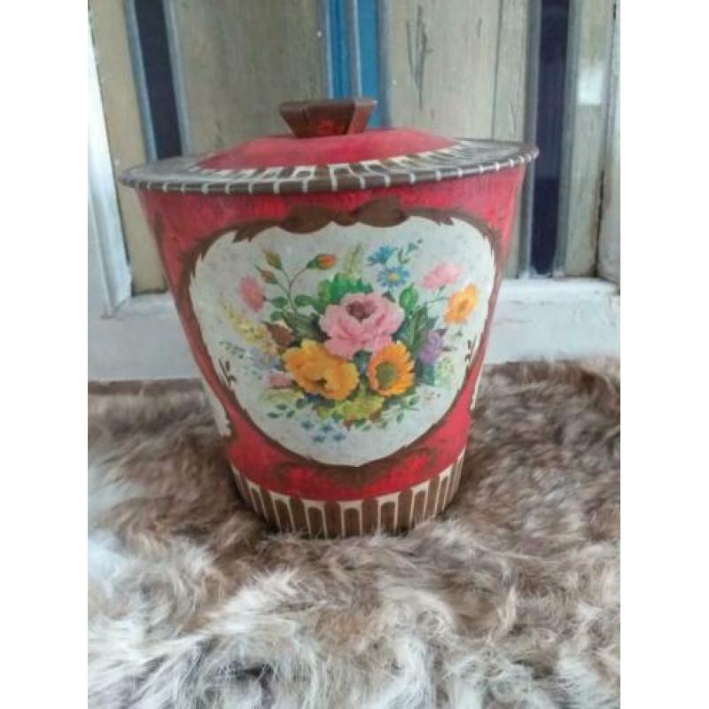 Brocante Trommel *  Engelse Container * Bloemen Blik