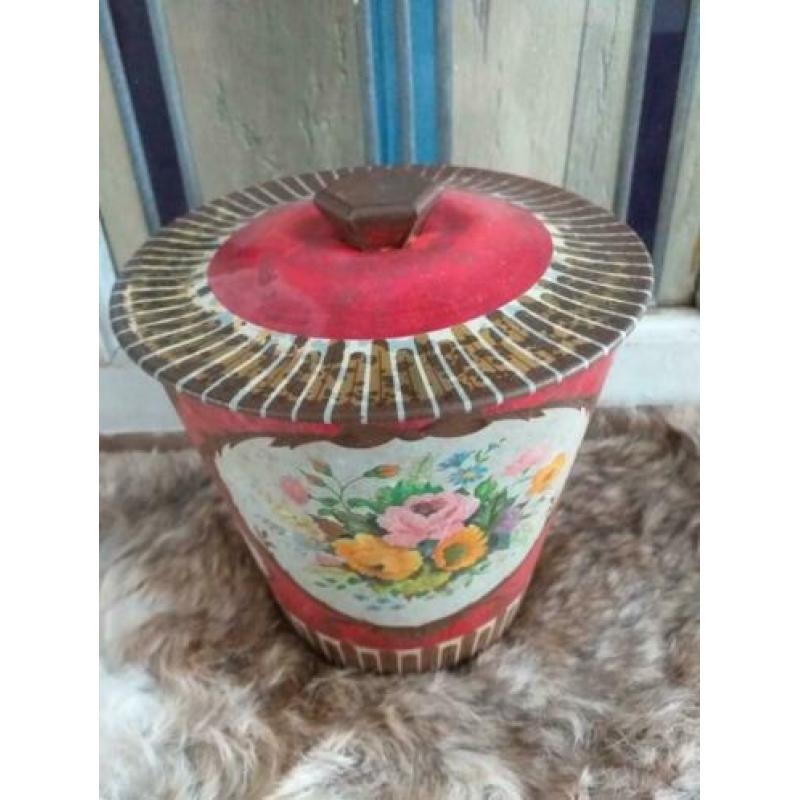 Brocante Trommel *  Engelse Container * Bloemen Blik