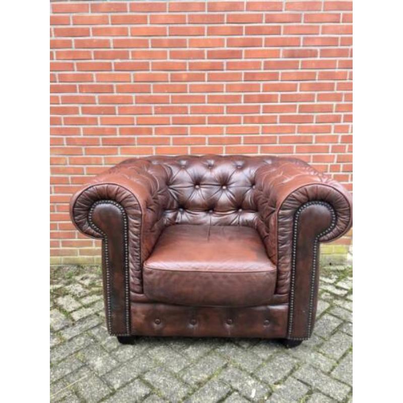 Chesterfield fauteuil met label bruin leer gratis bezorgd