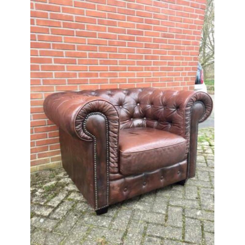Chesterfield fauteuil met label bruin leer gratis bezorgd