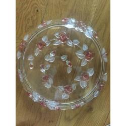 Brocante Franse Glazen Taart/Vla Schaal op Voet met Rozen