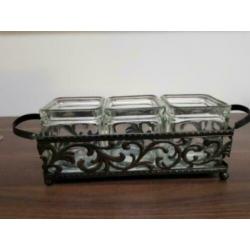 VINTAGE metalen houder met glazen potjes
