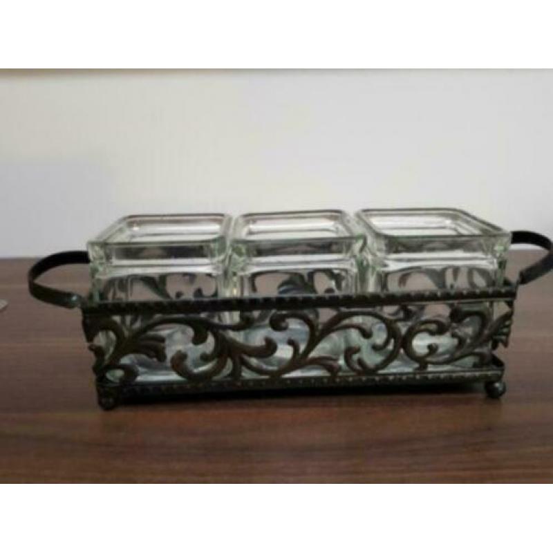 VINTAGE metalen houder met glazen potjes