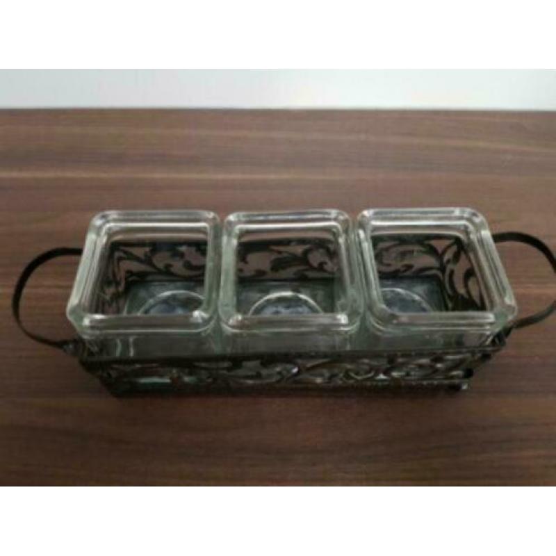 VINTAGE metalen houder met glazen potjes