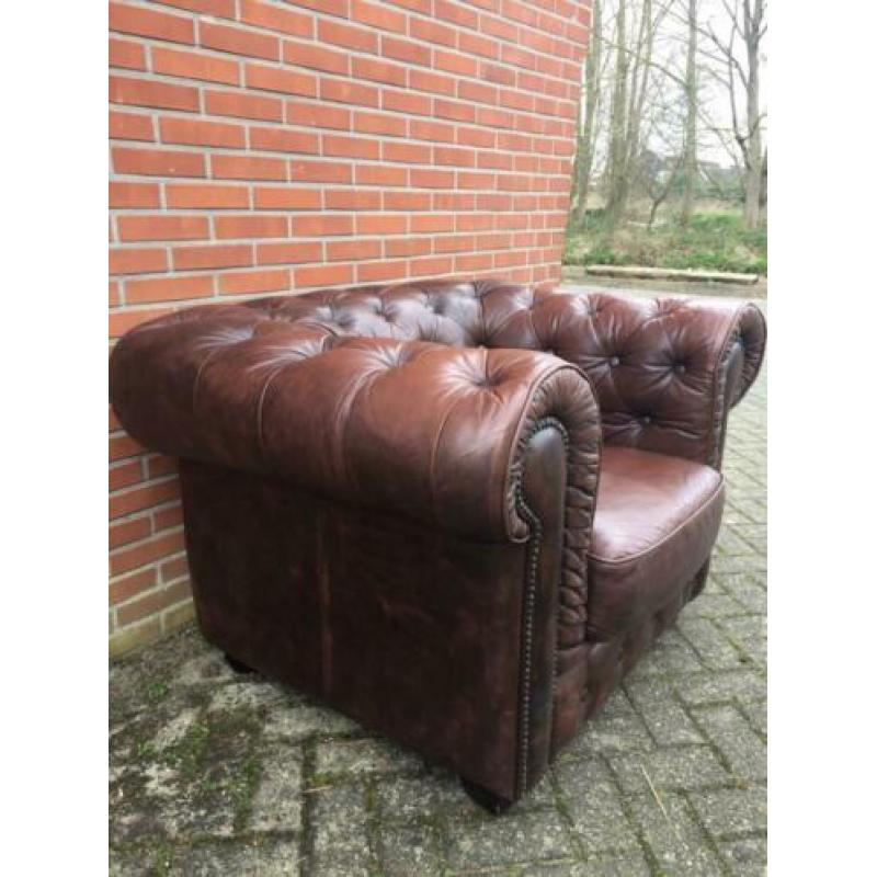 Chesterfield fauteuil met label bruin leer gratis bezorgd