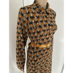 Prachtige vintage midi jurk,Pauw print, bruin, maat L