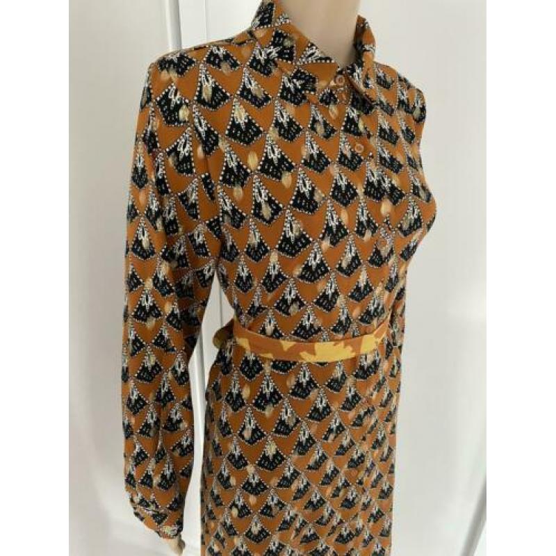 Prachtige vintage midi jurk,Pauw print, bruin, maat L
