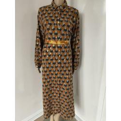 Prachtige vintage midi jurk,Pauw print, bruin, maat L