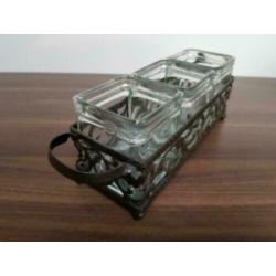 VINTAGE metalen houder met glazen potjes