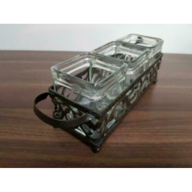 VINTAGE metalen houder met glazen potjes